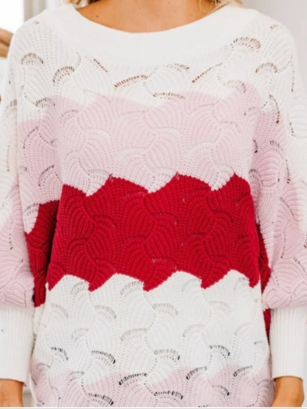 ANDREE BY UNIT White, Pink & Red Colorblock Striped Knit Oversized Sweater (M)